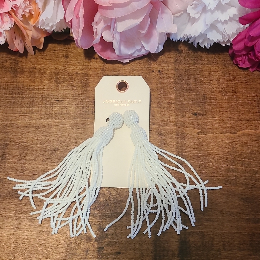 American Eagle Outfitters White Beaded Tassel Earrings